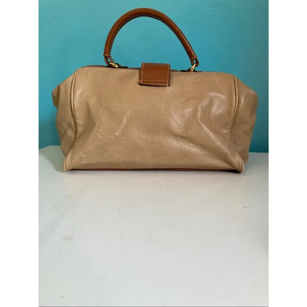 Vintage 80s Capezio Doctor Bag Handbag Beige Brown Frame Satchel Purse 14 x 7.5